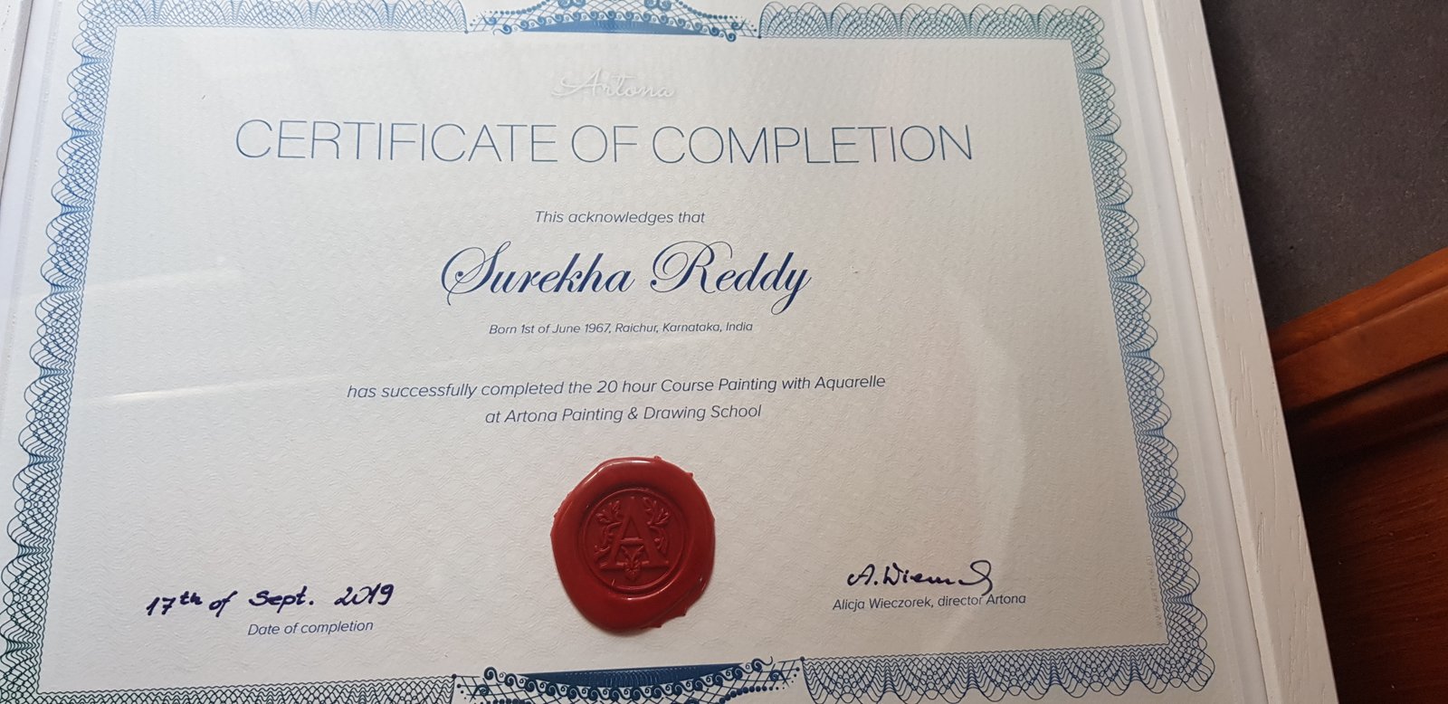 Surekha Reddy - Certificate of Completion, Course Painting with Aquarelle, Artona Painting & Drawing School